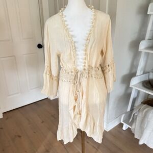 Boho Cream Crochet Semi Sheer Long Tie Cardigan Hippie Western Festival Sz S/M